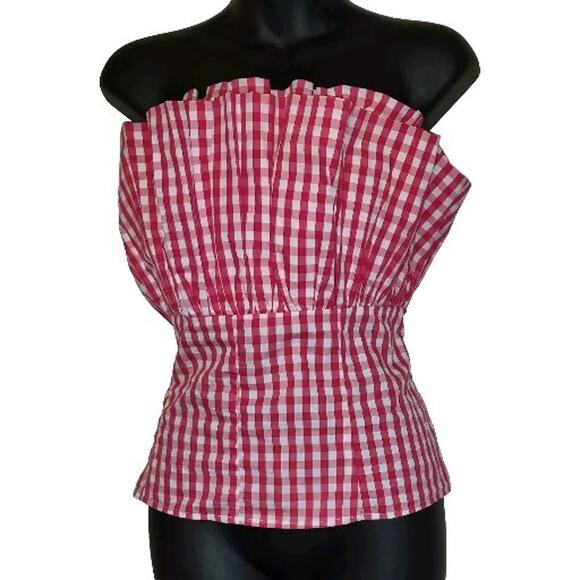 7th Ave New York & Co GINGHAM RED WHITE Halter Style Top FUNKY Checkered Sz L - Picture 5 of 15